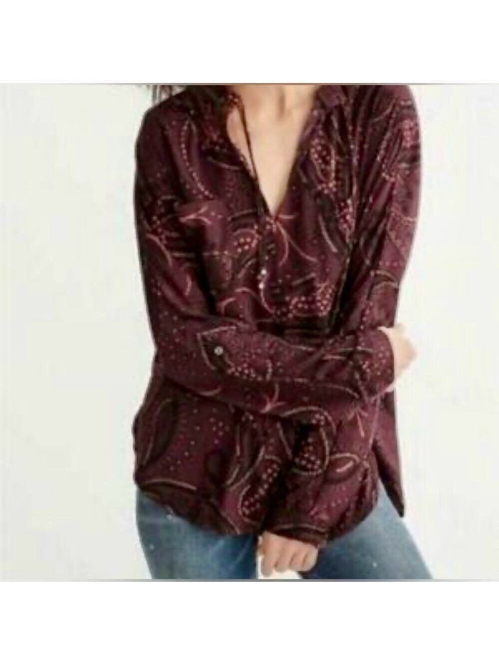Abercrombie & Fitch Burgundy Paisley Tie Front Blouse XS Long Sleeve